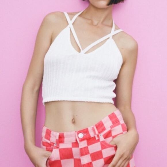 NWT Zara White‎ Knit Strappy Crop Top - Picture 1 of 9
